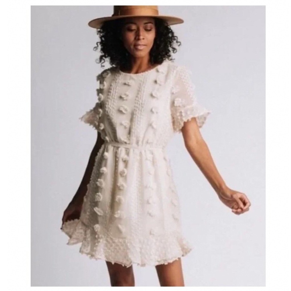 &merci Pom Pom Mini Dress Small Cream Boho Textured Ruffle Cottagecore Romantic